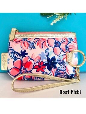 LILLY PULITZER ~ Small Floral Wristlet w/Gold Strap Hardware Coral Pink Inner